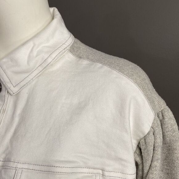 Peace Love World White/Gray Chic Denim Jacket Puff Gray Sleeve Oversized SZ XXS - Picture 11 of 16